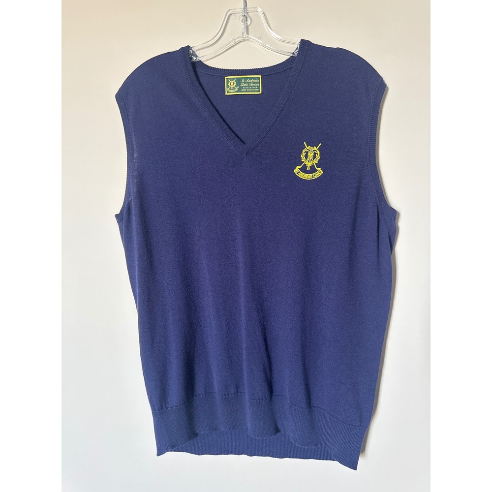 St Andrews Links Scotland Wool Sweater Vest Mens Medium Navy Blue V-Neck Golf